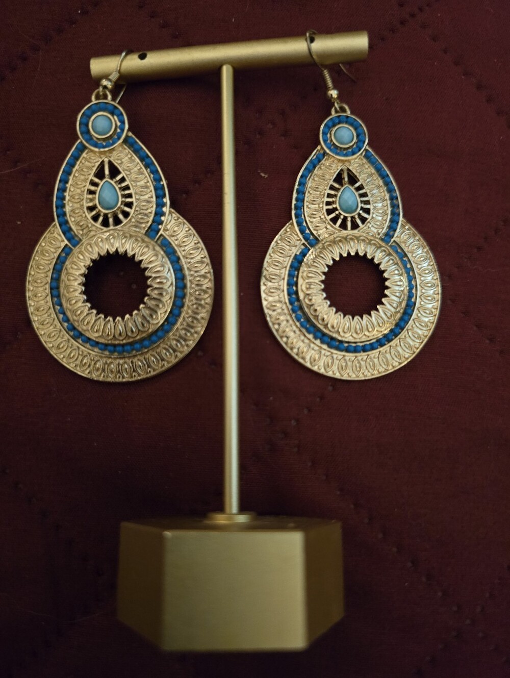 Gold-Tone Blue Filigree Teardrop Dangle Earrings